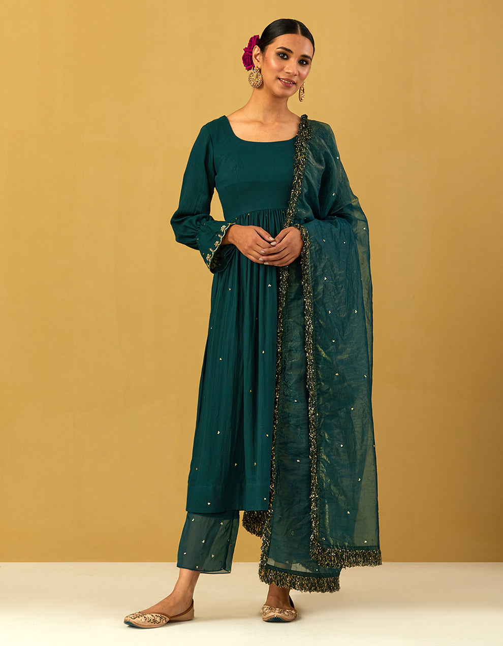 Green Half Cut Cheese Cotton Anarkali With Pants And Shimmer Dupatta