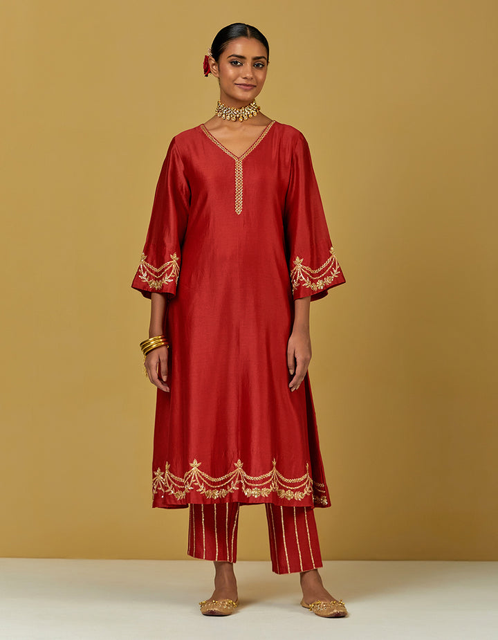 Red Embroidered Chanderi Silk Kurta With Pants