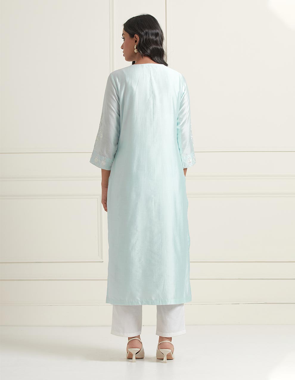 Powder blue embroidered chanderi silk kurta with pants and dupatta