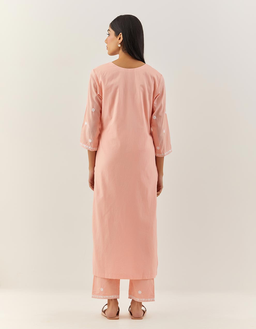 Peach Embroidered Cotton Kurta With Pants