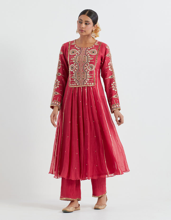 Crimson Light Chanderi Kurta With Pants and Tissue Dupatta