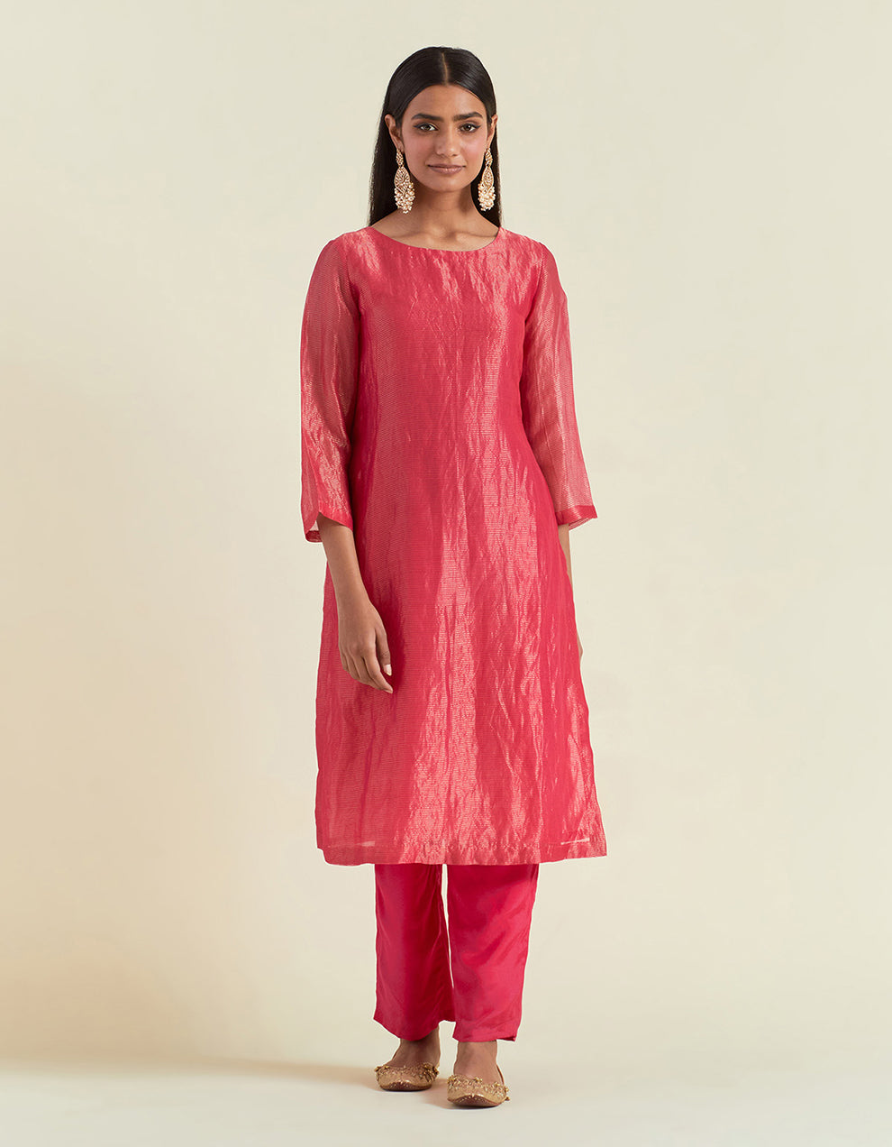 Pink Shimmer Organza Kurta With Muslin Pants and Tissue Dupatta