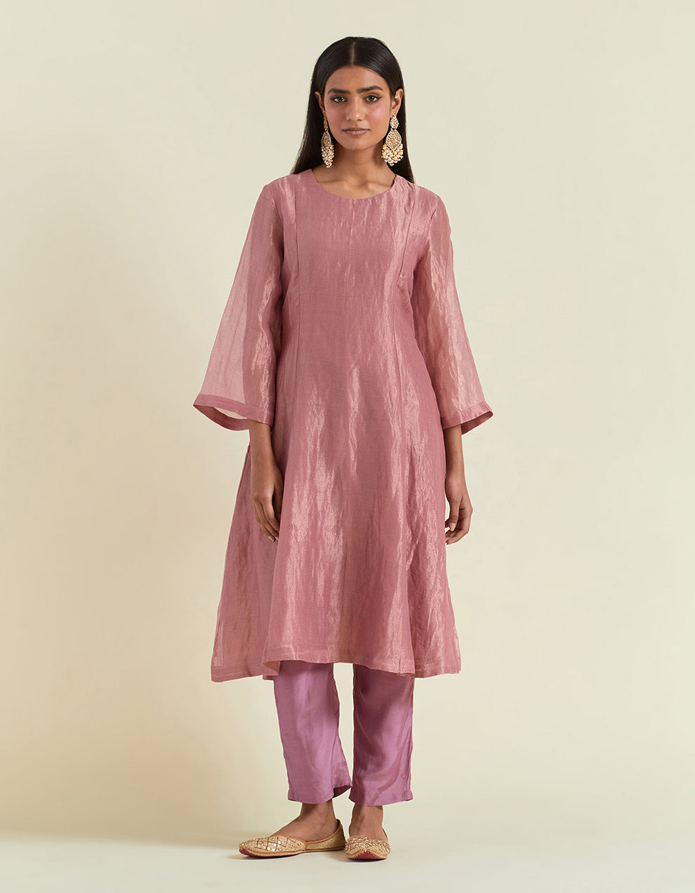 Dusty Rose Shimmer Organza Kurta With Muslin Pants and Tissue Dupatta