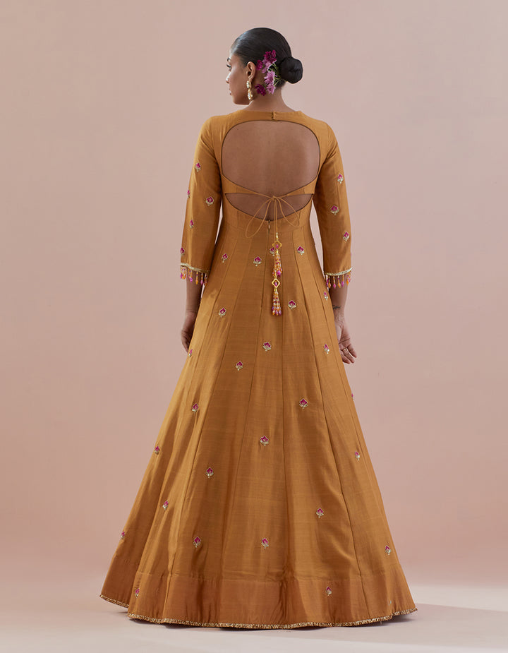 Mustard Chanderi Anarkali with Organza Dupatta