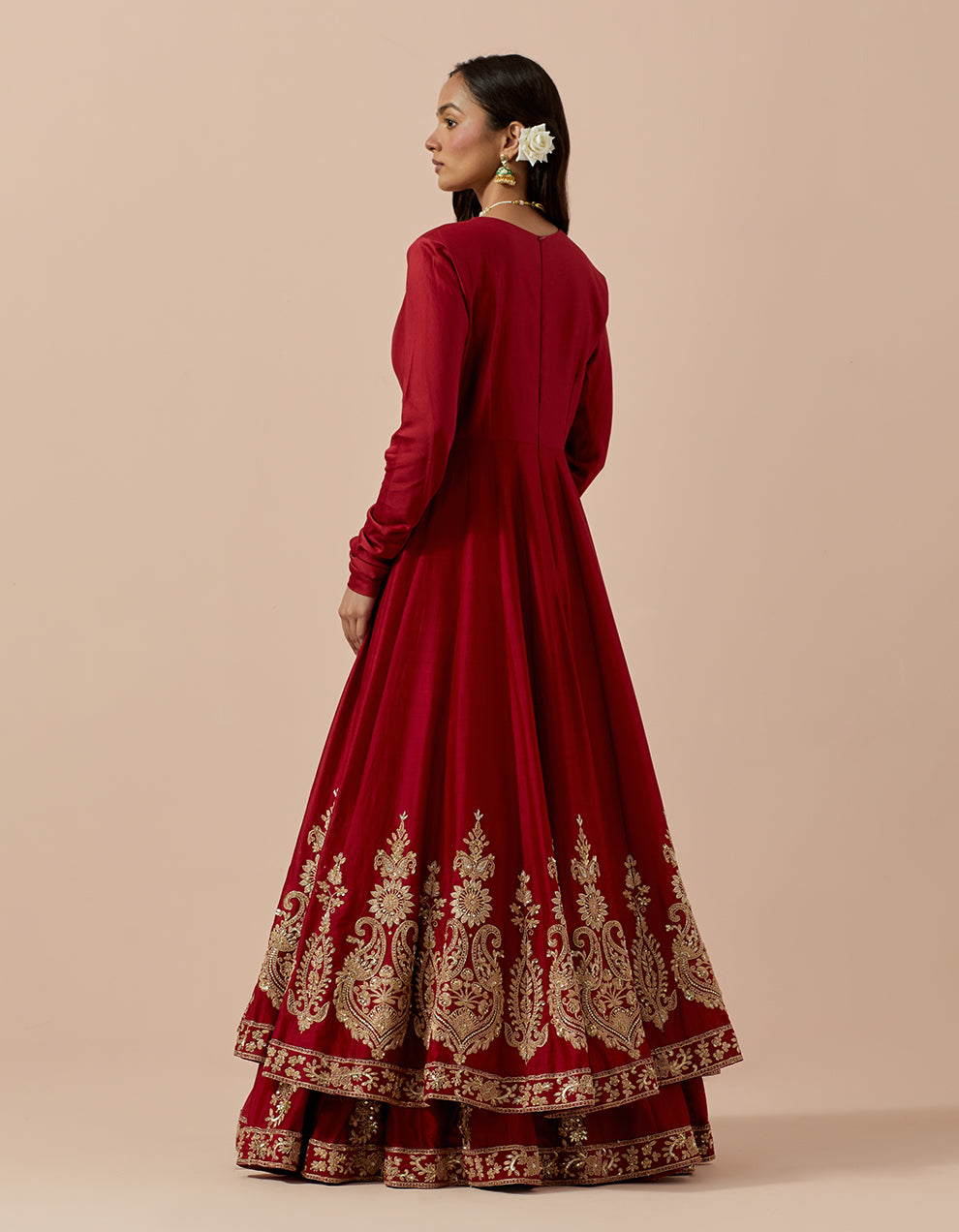 Red Pure Chanderi Anarakli with Skirt and Organza Dupatta