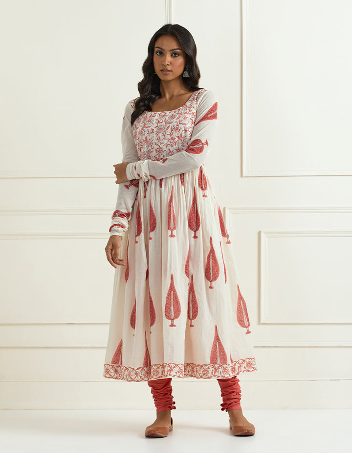 Red cotton block printed kurta with churidar pants and dupatta