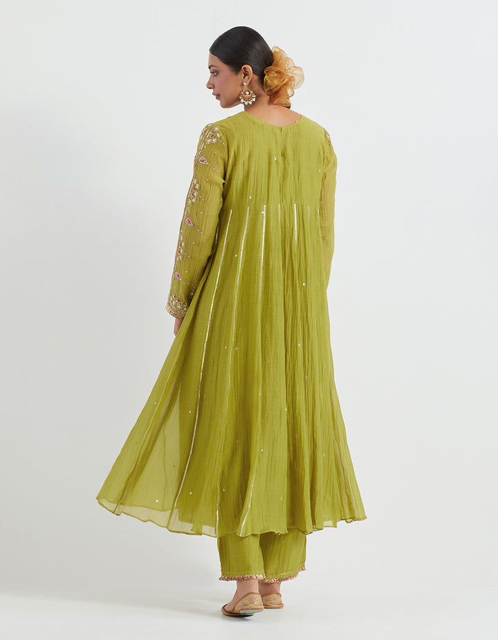 Green Light Chanderi Kurta With Pants and Tissue Dupatta