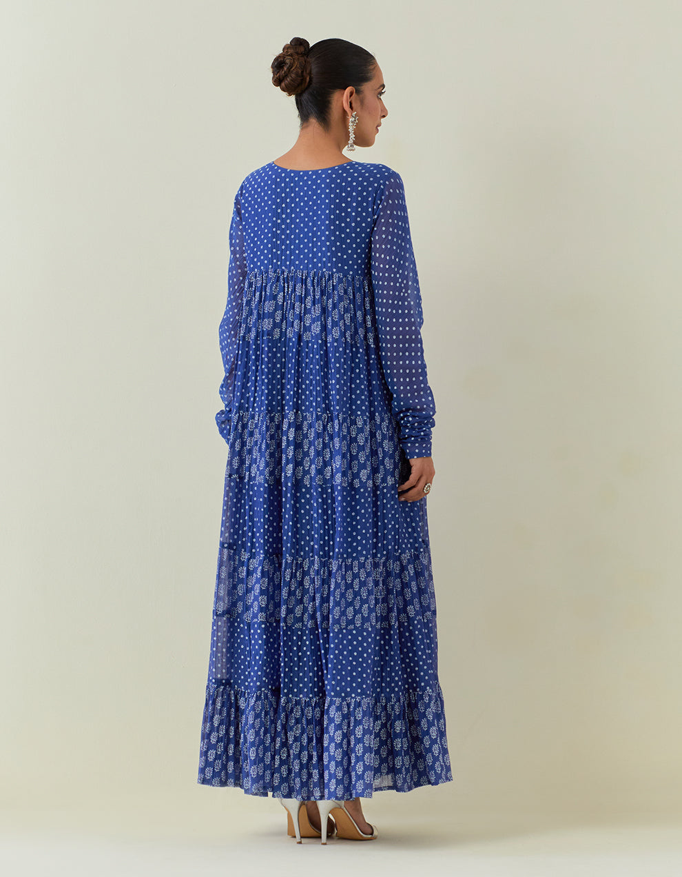 Blue Block Print Light Chanderi Tiered Kurta and dupatta with Cambric Churidar