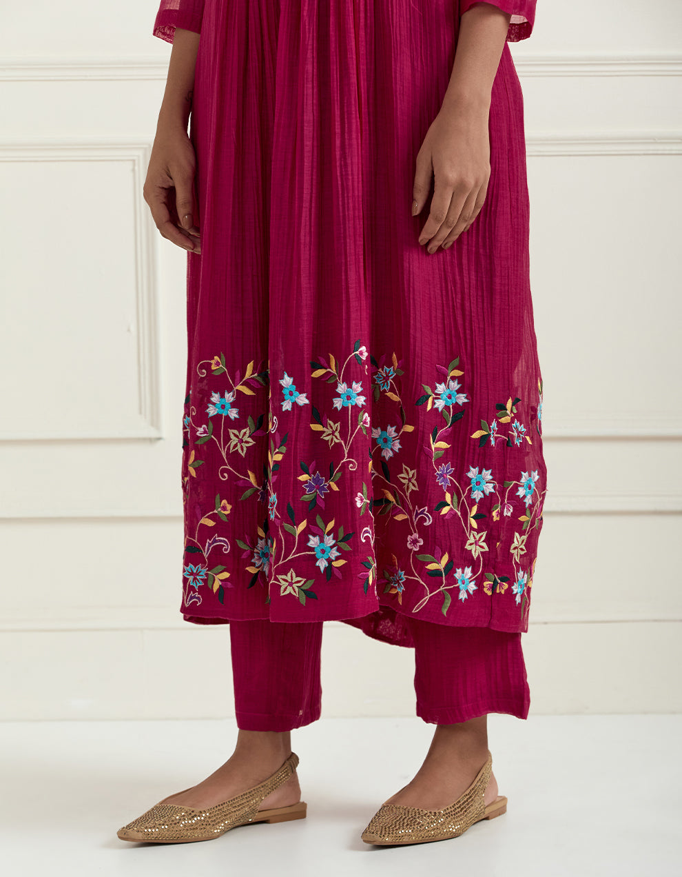 Magenta hand embroidered chanderi kurta with pants and dupatta