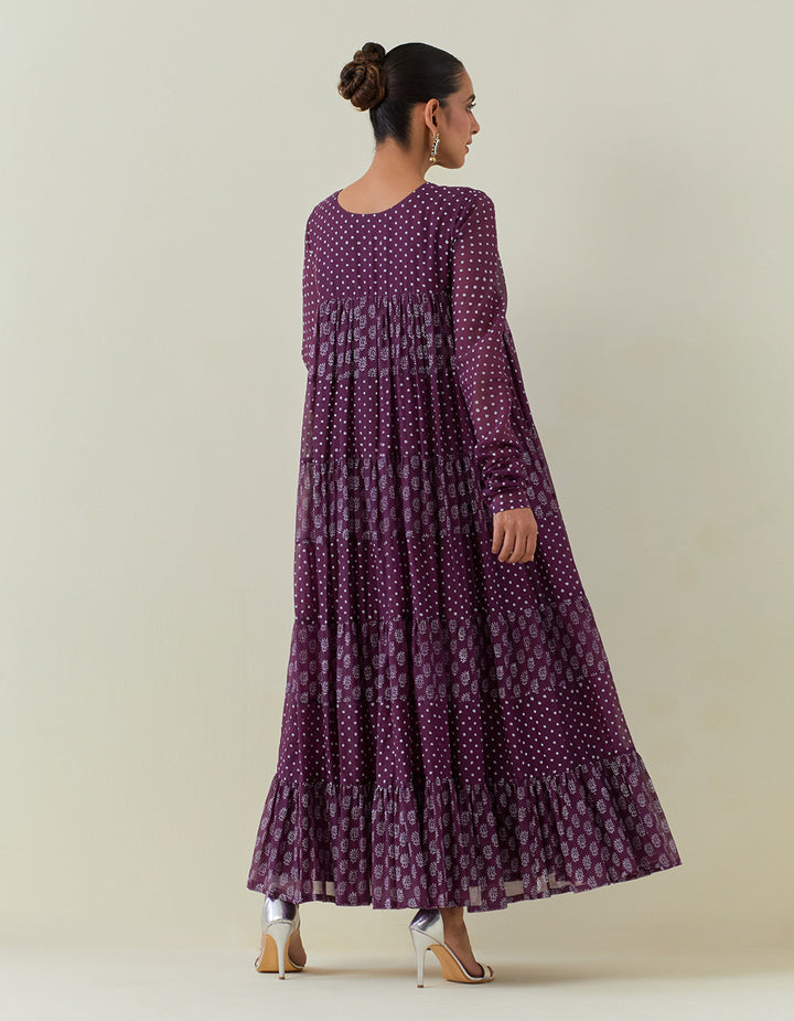 Purple Block Print Light Chanderi Tiered Kurta and dupatta with Cambric Churidar