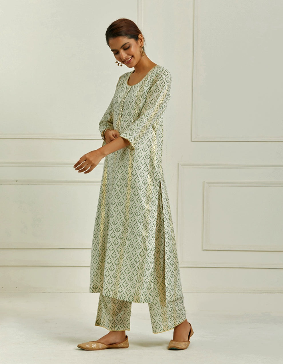 Green Printed Kurta With Pallazo And Dupatta