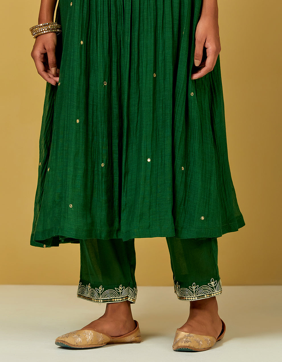 Green Embroidered Chanderi Kurta With Cotton Pants And Dupatta