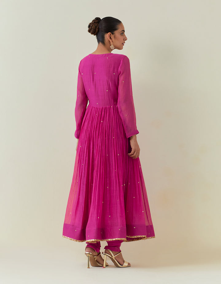 Pink Embroidered Light Chanderi Anarkali with Churidar And Dupatta