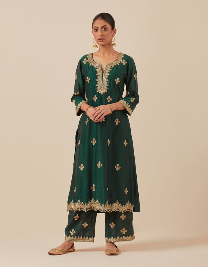 Green hand embroidered kurta with pants and dupatta