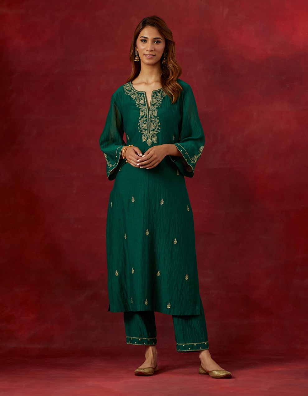 Green Embroidered Light Chanderi Kurta with Pants and Dupatta