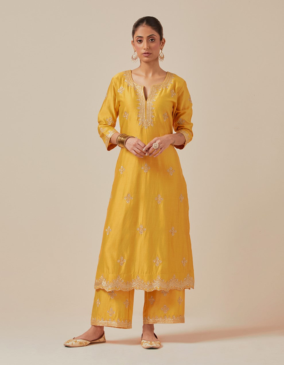 Yellow hand embroidered kurta with pants
