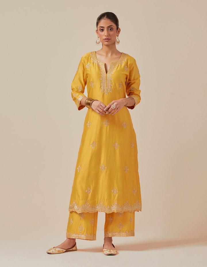 Yellow hand embroidered kurta with pants and dupatta