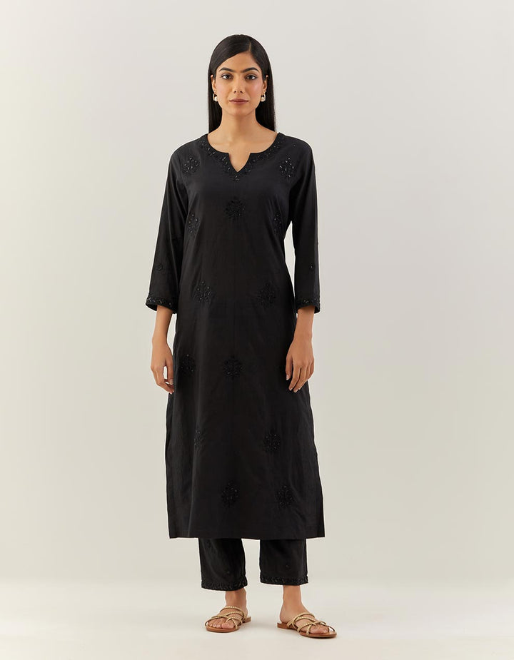 Black Embroidered Cotton Kurta With Pants And Dupatta