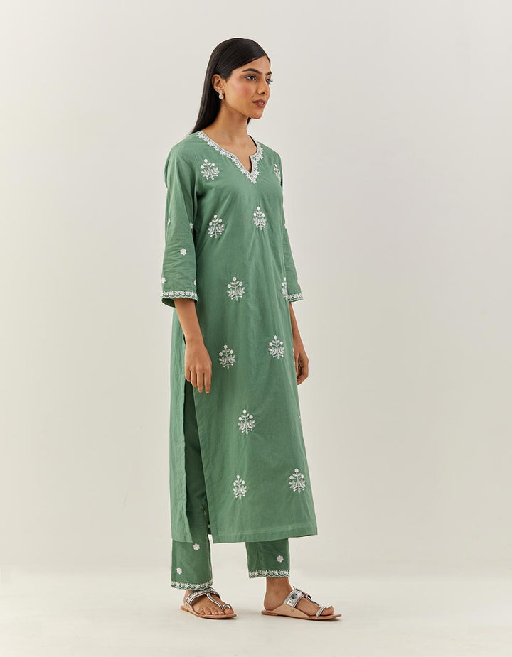 Green Embroidered Cotton Kurta With Pants