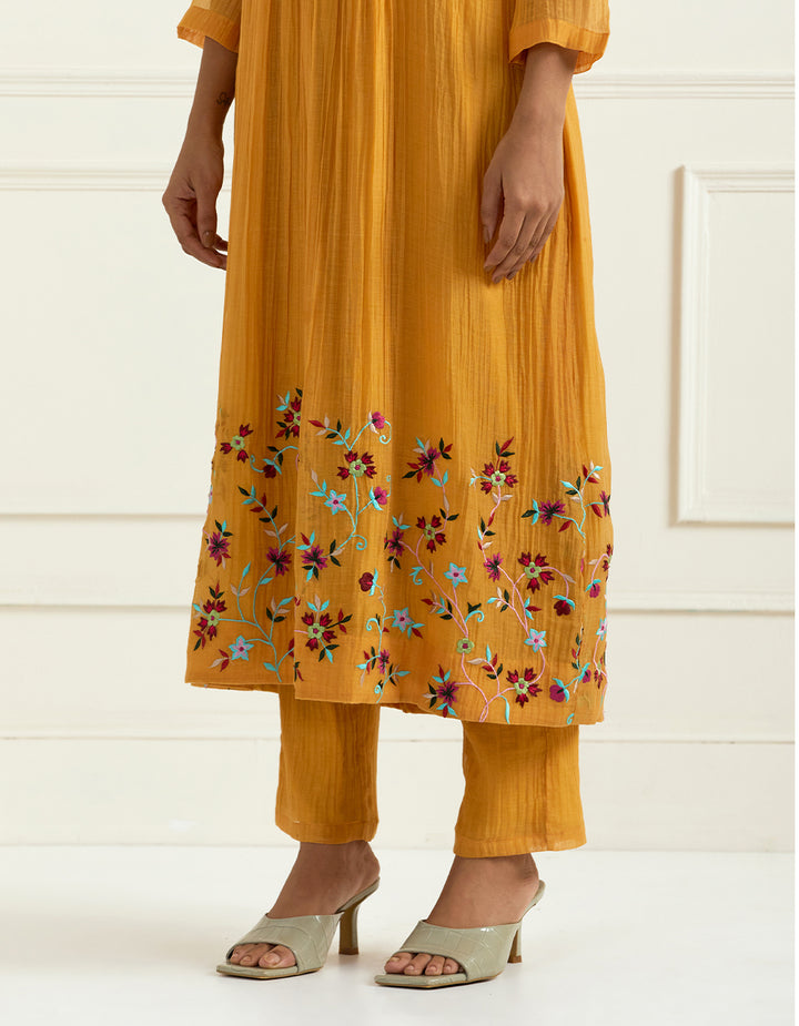 Yellow hand embroidered chanderi kurta with pants and dupatta