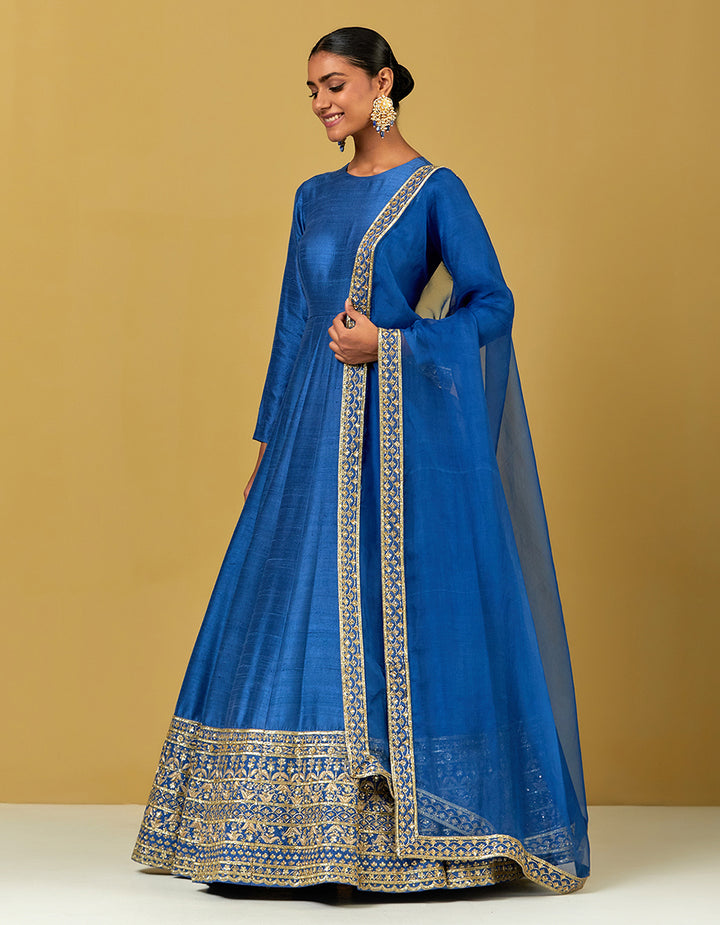 Blue Hand Embroidered Raw Silk Suit And Dupatta