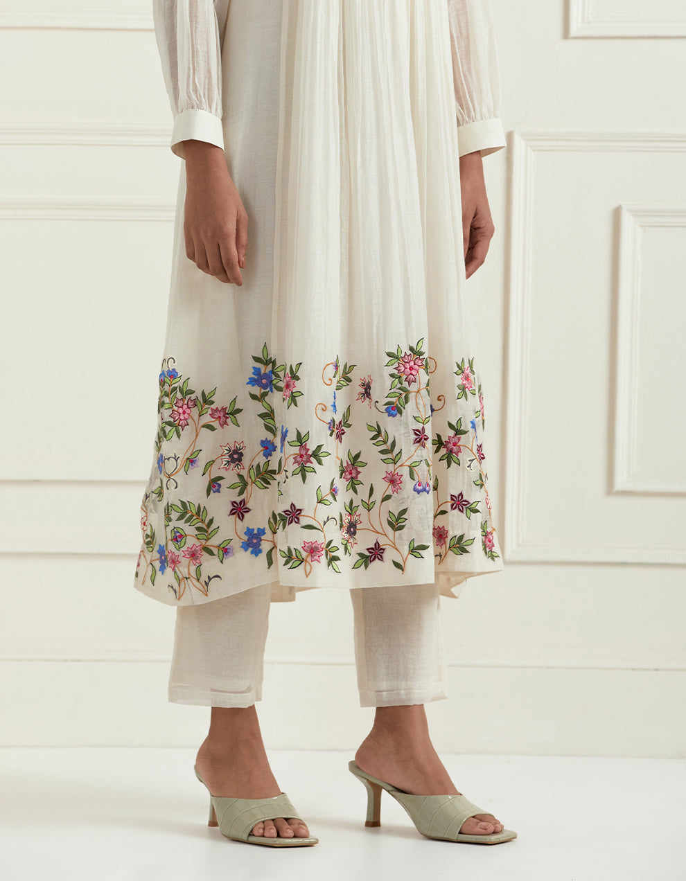 White hand embroidered chanderi kurta with pants
