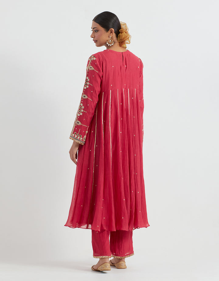 Crimson Light Chanderi Kurta With Pants and Tissue Dupatta