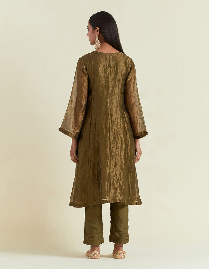 Olive Green Shimmer Organza Kurta With Muslin Pants and Tissue Dupatta