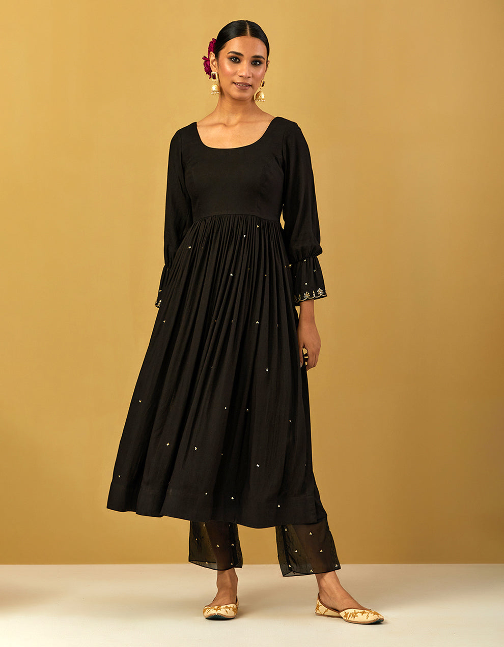 Black Cheese Cotton Anarkali With Pants