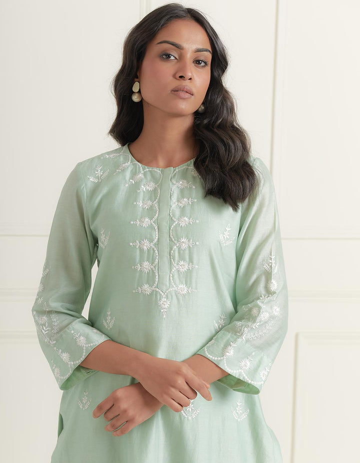 Green embroidered chanderi silk kurta