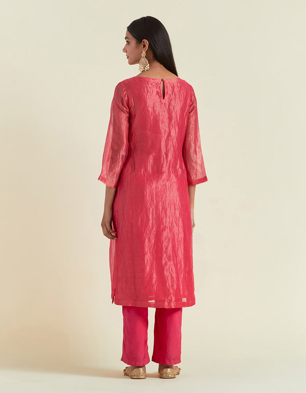 Pink Shimmer Organza Kurta With Muslin Pants and Tissue Dupatta