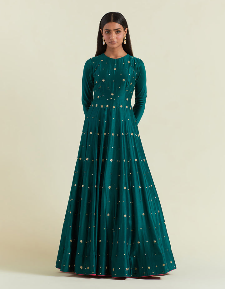 Green Chanderi Anarkali with Organza Dupatta