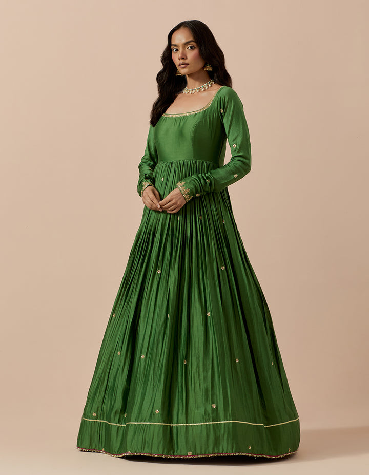 Forest Green Chanderi Anarakli with Pure Organza Dupatta