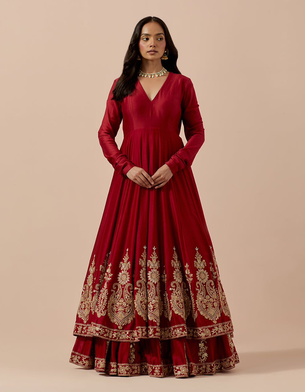 Red Pure Chanderi Anarakli with Skirt and Organza Dupatta