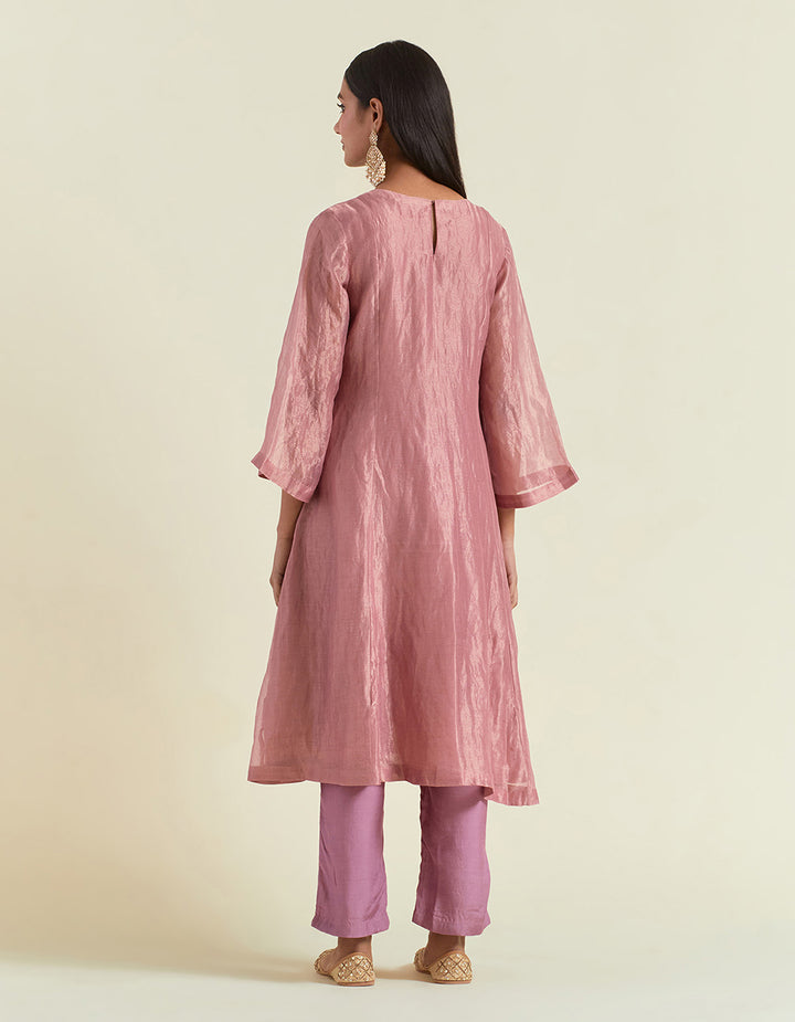 Dusty Rose Shimmer Organza Kurta With Muslin Pants and Tissue Dupatta