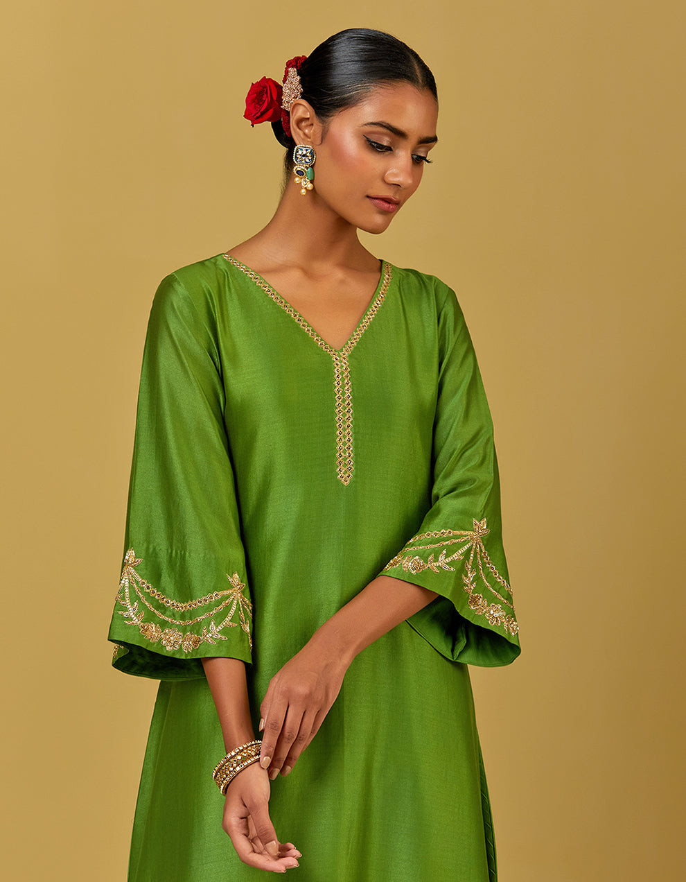 Green Embroidered Chanderi Silk Kurta Set
