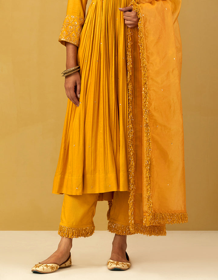 Yellow Cheese Cotton Anarkali With Pants And Shimmer Dupatta