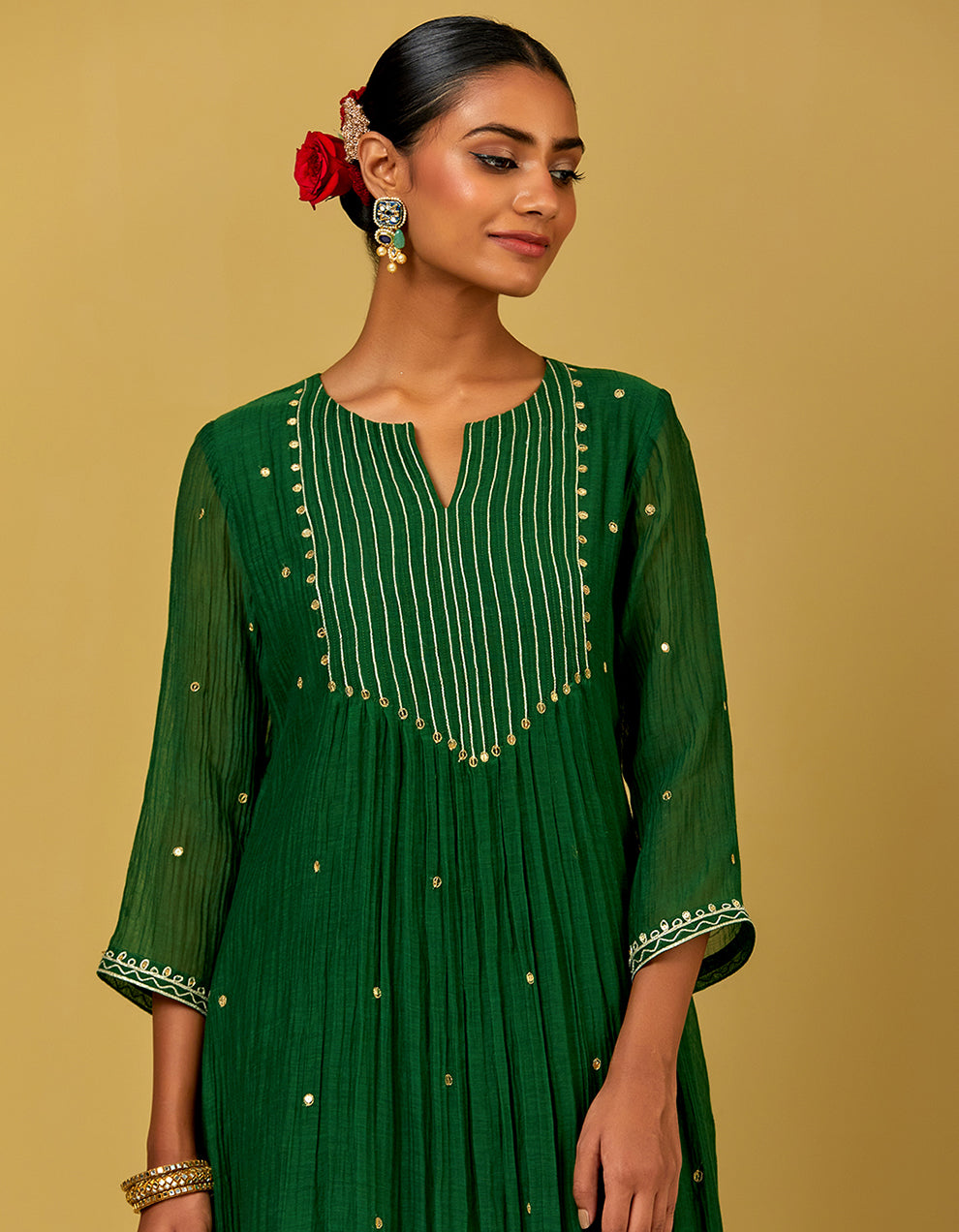 Green Embroidered Chanderi Kurta With Cotton Pants