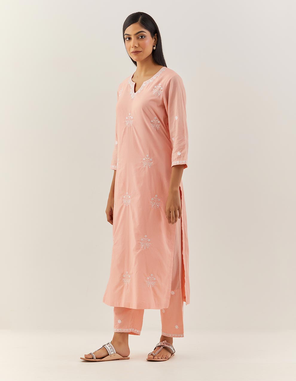 Peach Embroidered Cotton Kurta With Pants