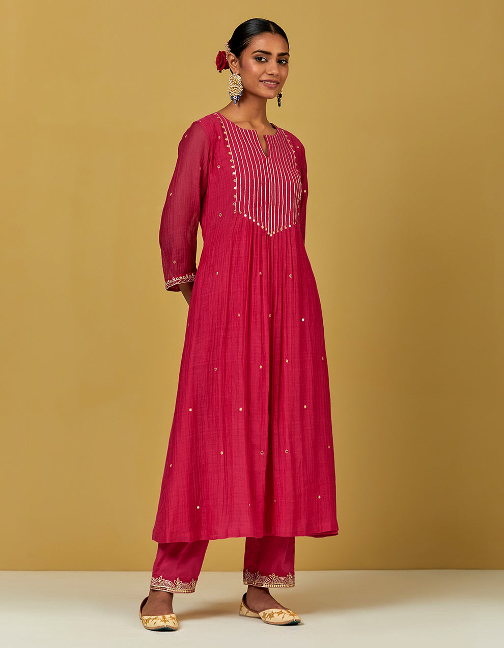 Pink Embroidered Chanderi Kurta With Cotton Pants And Dupatta