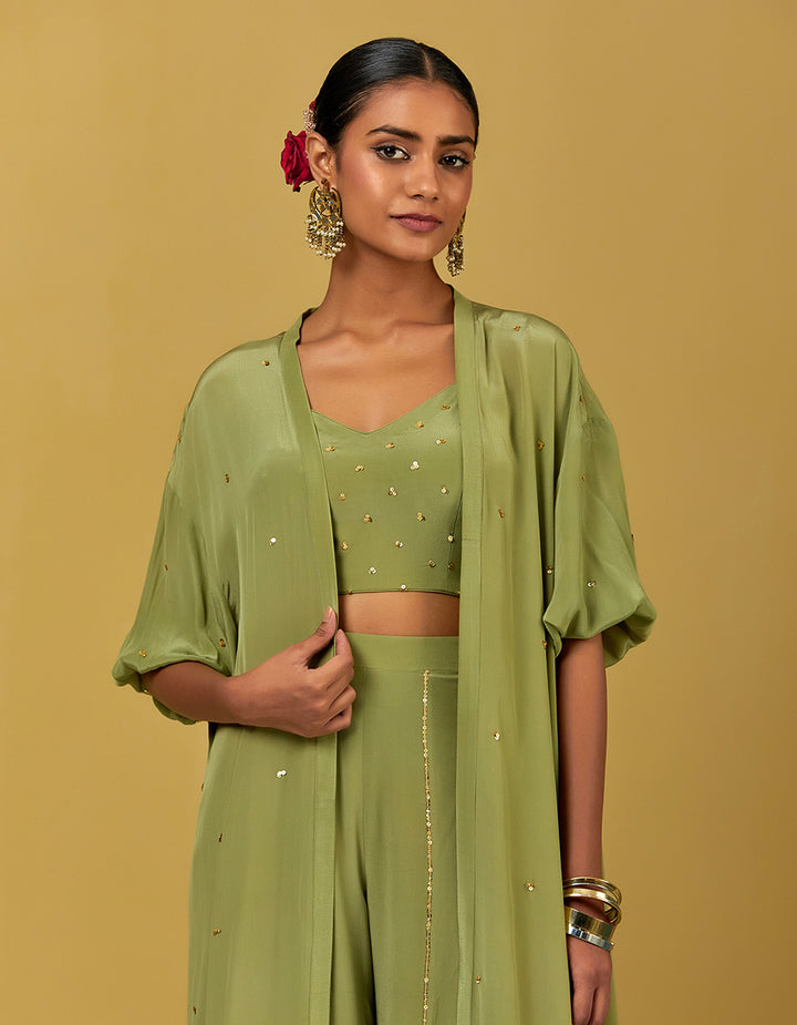 Green Hand Embroidered Overlay Jacket Blouse Pant Set