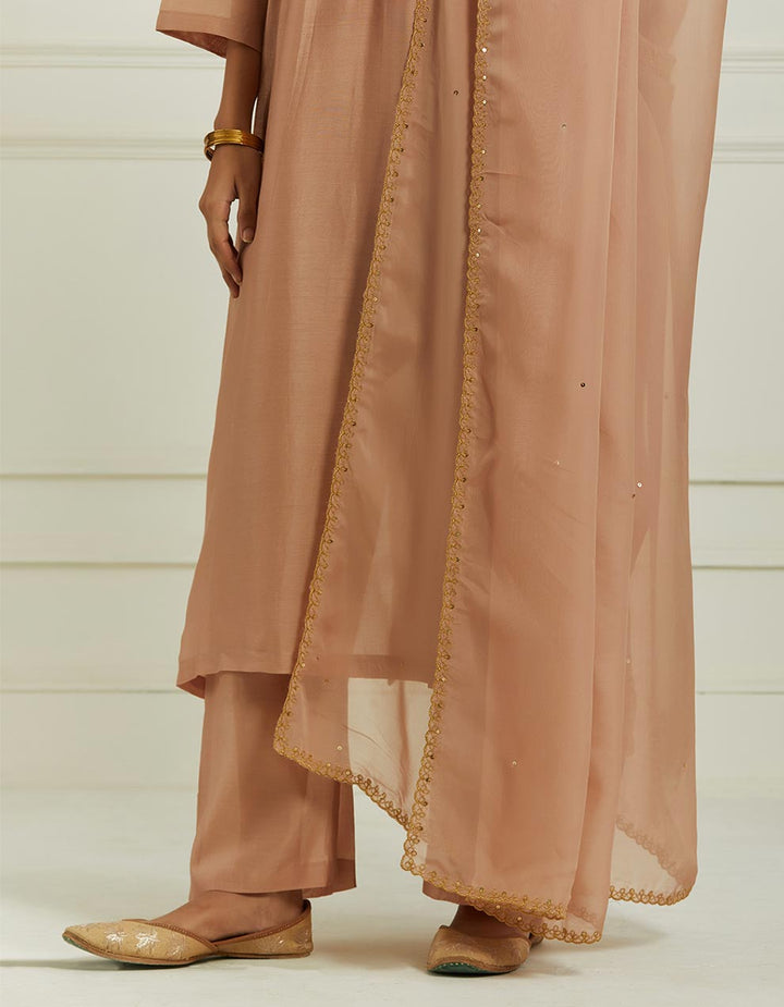 Beige Embroidered Chanderi Kurta With Pants And Dupatta