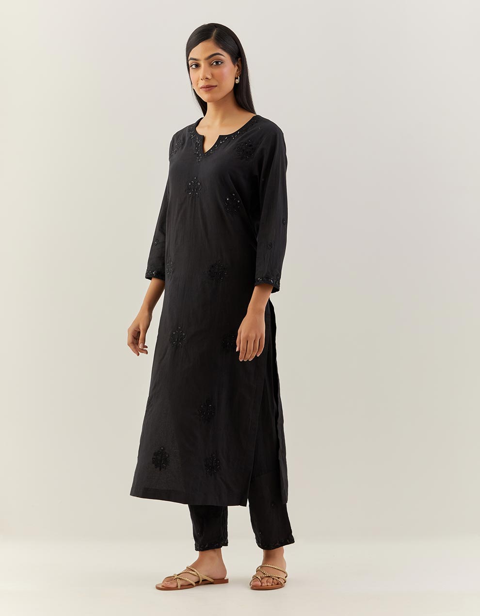 Black Embroidered Cotton Kurta With Pants