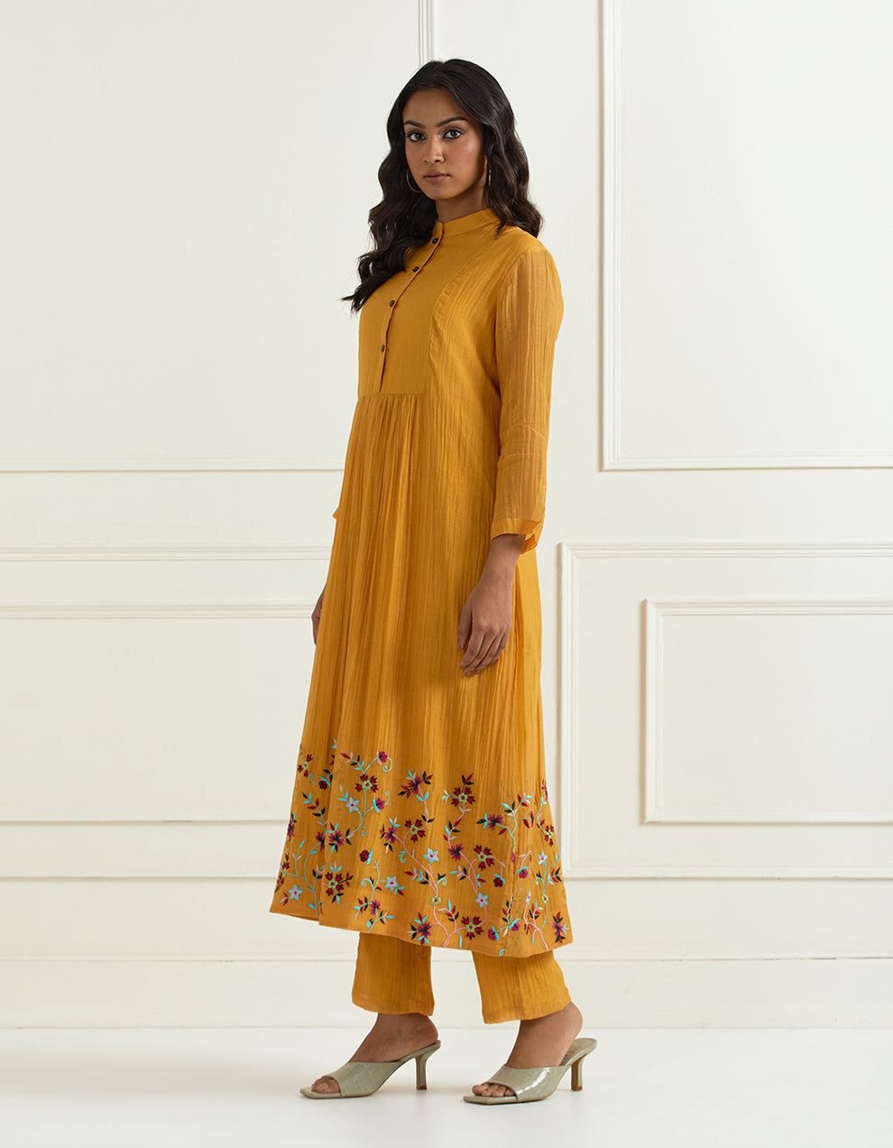 Yellow hand embroidered chanderi kurta with pants