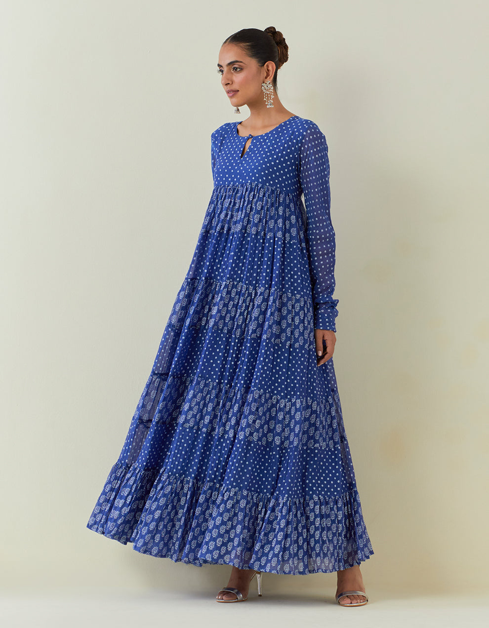 Blue Block Print Light Chanderi Tiered Kurta and dupatta with Cambric Churidar