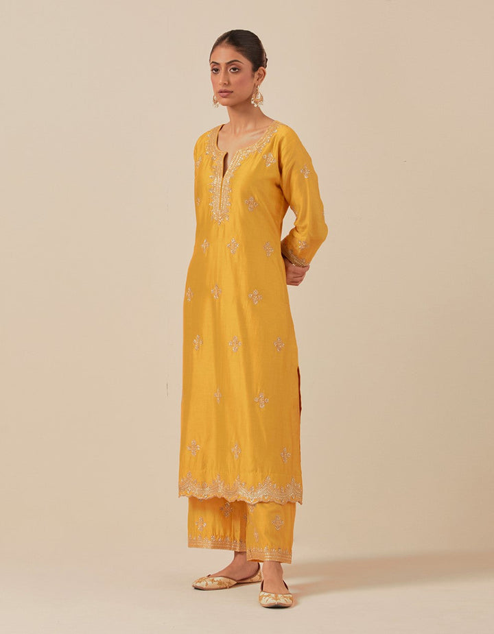 Yellow hand embroidered kurta with pants and dupatta