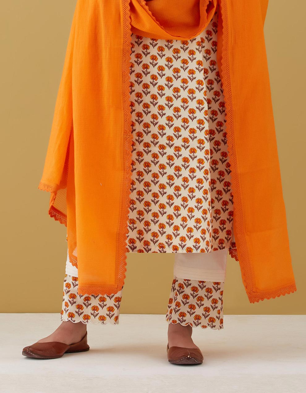Orange Block Printed Kurta With White Pants And Lace Dupatta