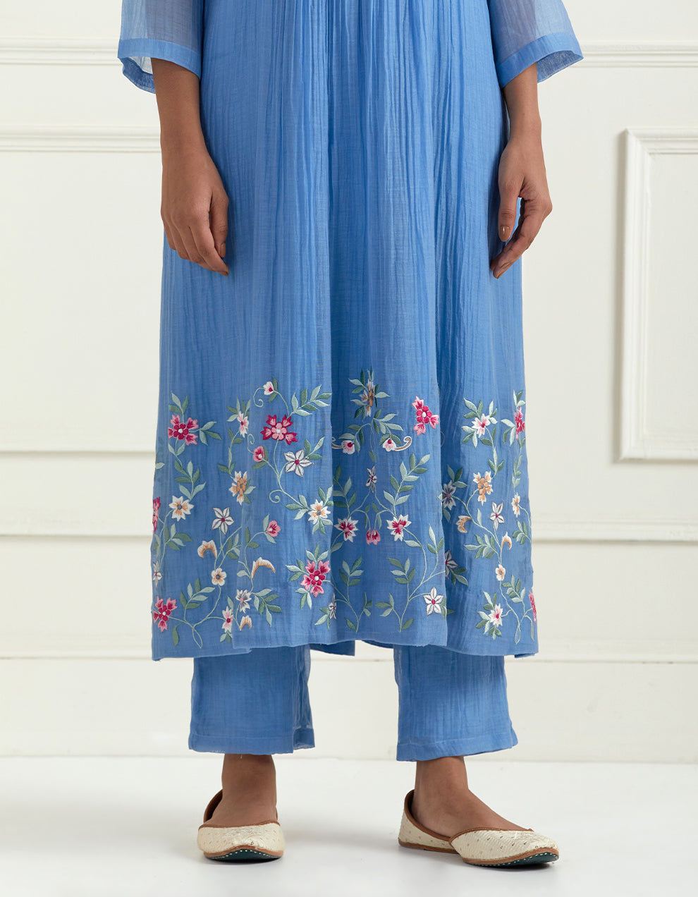 Blue hand embroidered chanderi silk kurta with pants and dupatta