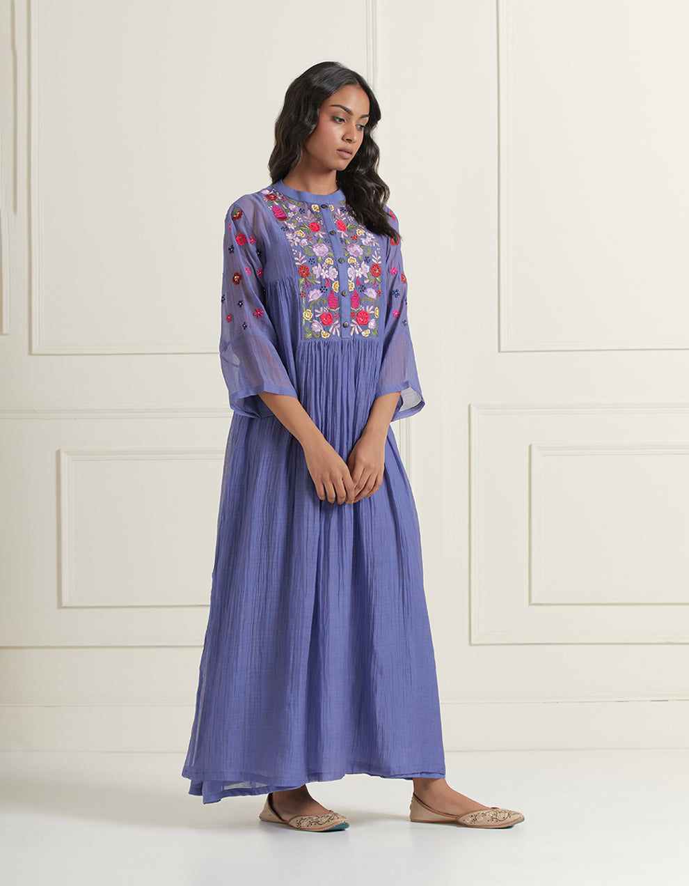 Blue Hand Embroidered Chanderi Gathered Dress
