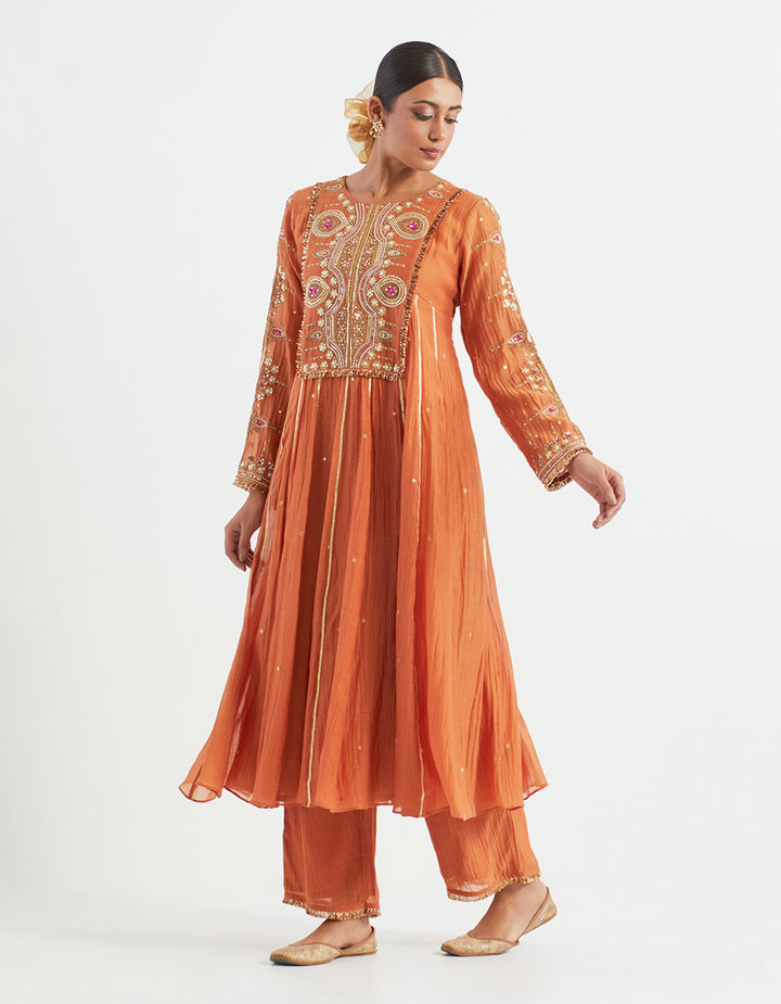 Orange Light Chanderi Kurta With Pants and Tissue Dupatta